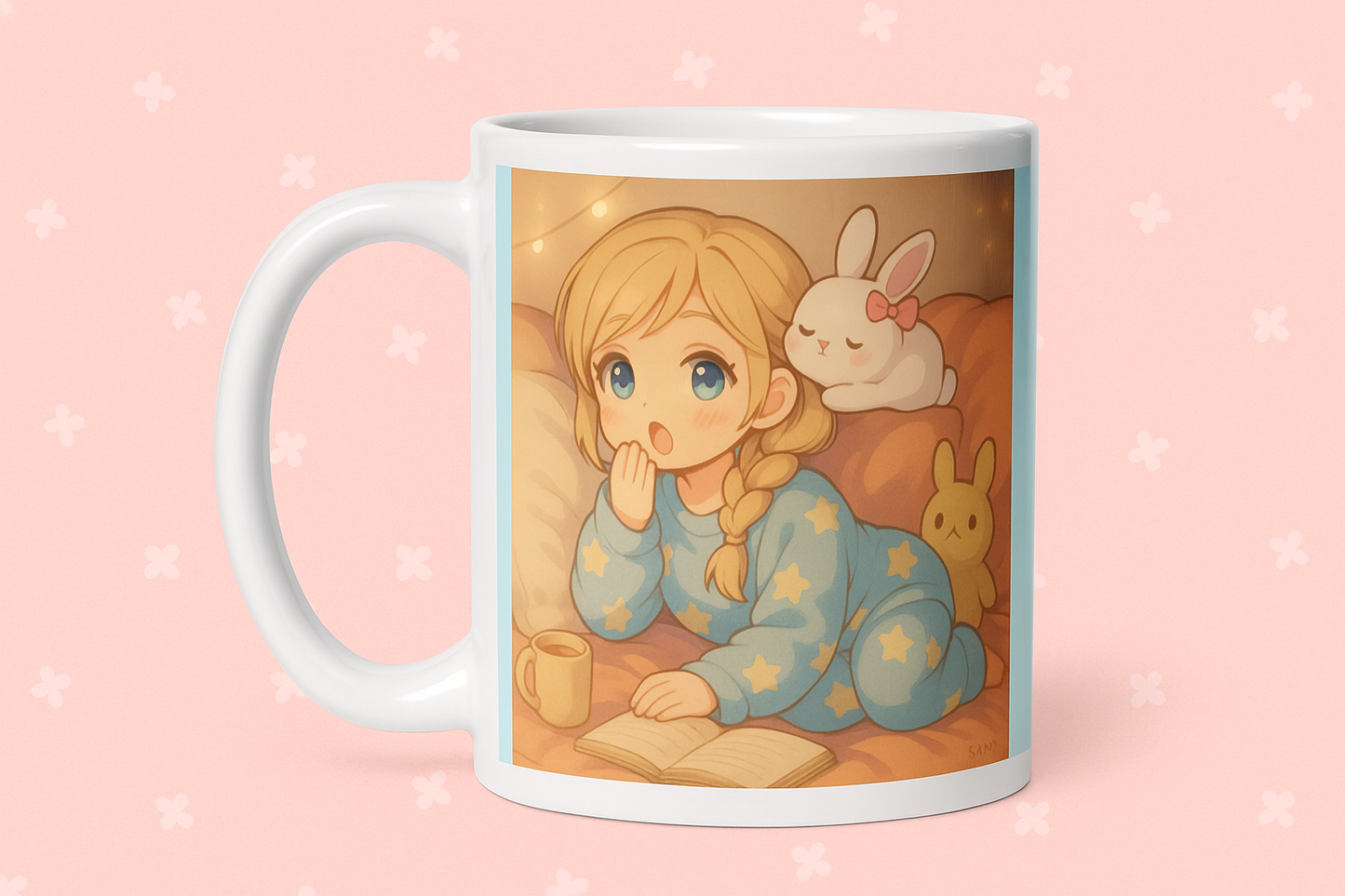 Cozy Anime Mug, Kawaii Pajama Girl Mug, Bunny Book Mug, Fanart Anime Mug, Cute Sleepy Girl Cup, Anime Gift Mug, Anime Ceramic Mug 11oz, Chibi Girl Mug