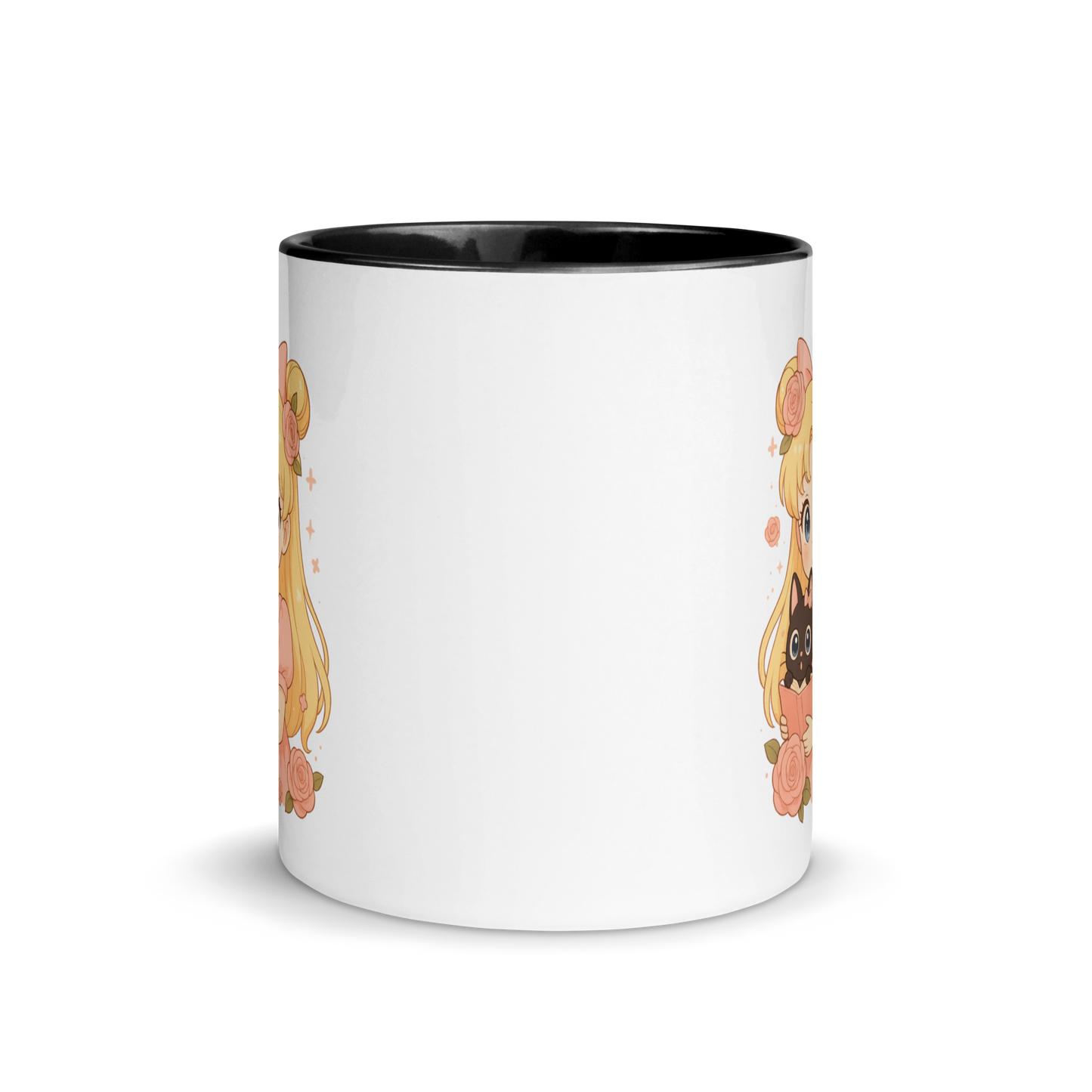 Magical Girl Anime Mug with Cute Black Cat, Pastel Floral Kawaii Coffee Cup, Cozy Manga Art Gift
