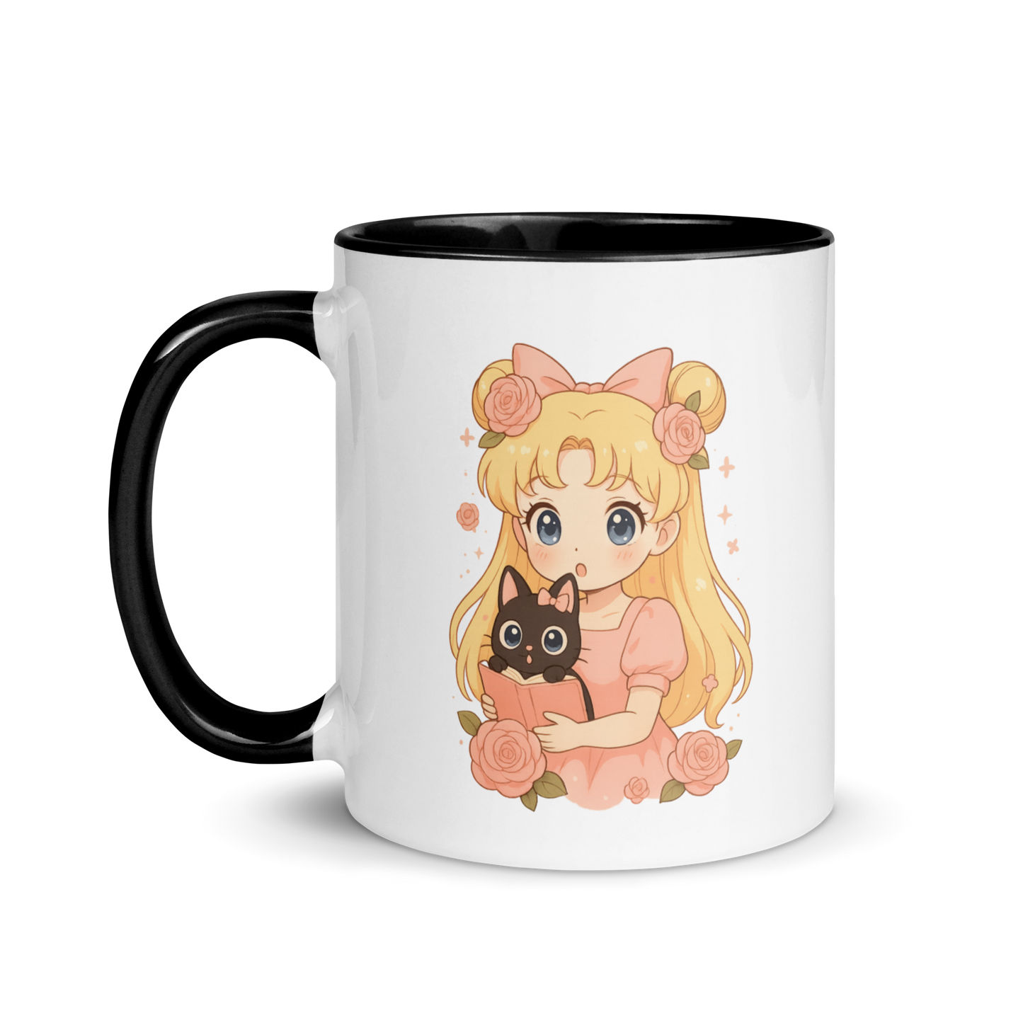 Magical Girl Anime Mug with Cute Black Cat, Pastel Floral Kawaii Coffee Cup, Cozy Manga Art Gift