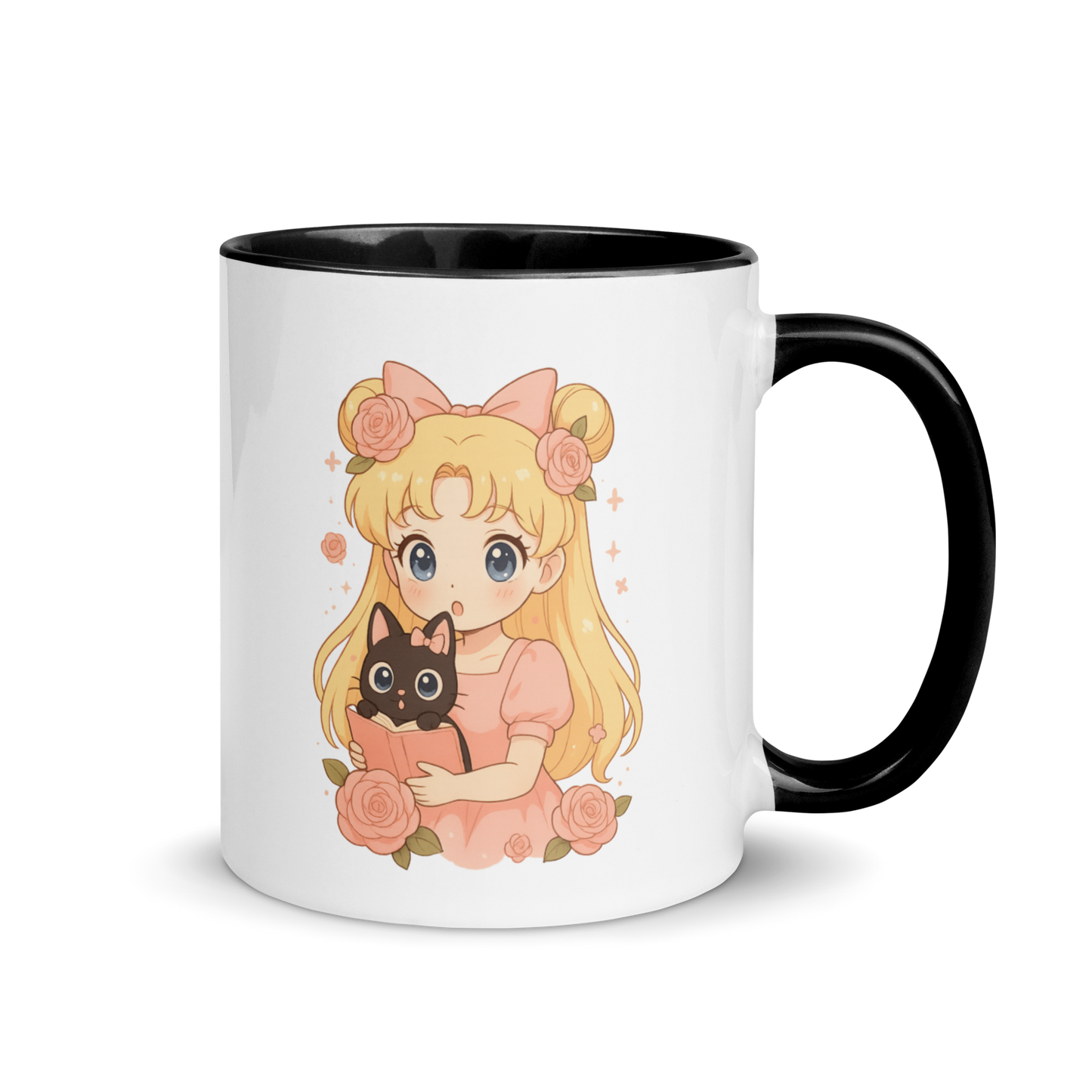 Magical Girl Anime Mug with Cute Black Cat, Pastel Floral Kawaii Coffee Cup, Cozy Manga Art Gift