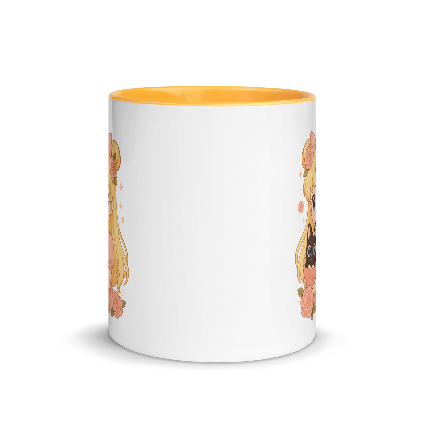 Magical Girl Anime Mug with Cute Black Cat, Pastel Floral Kawaii Coffee Cup, Cozy Manga Art Gift