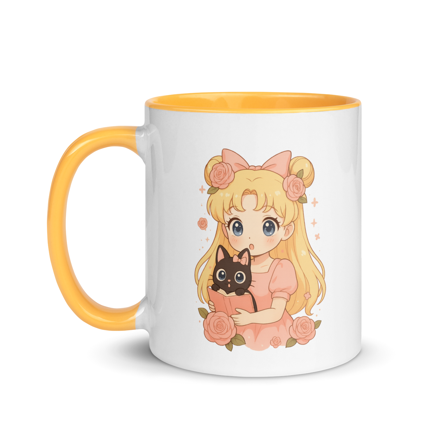Magical Girl Anime Mug with Cute Black Cat, Pastel Floral Kawaii Coffee Cup, Cozy Manga Art Gift