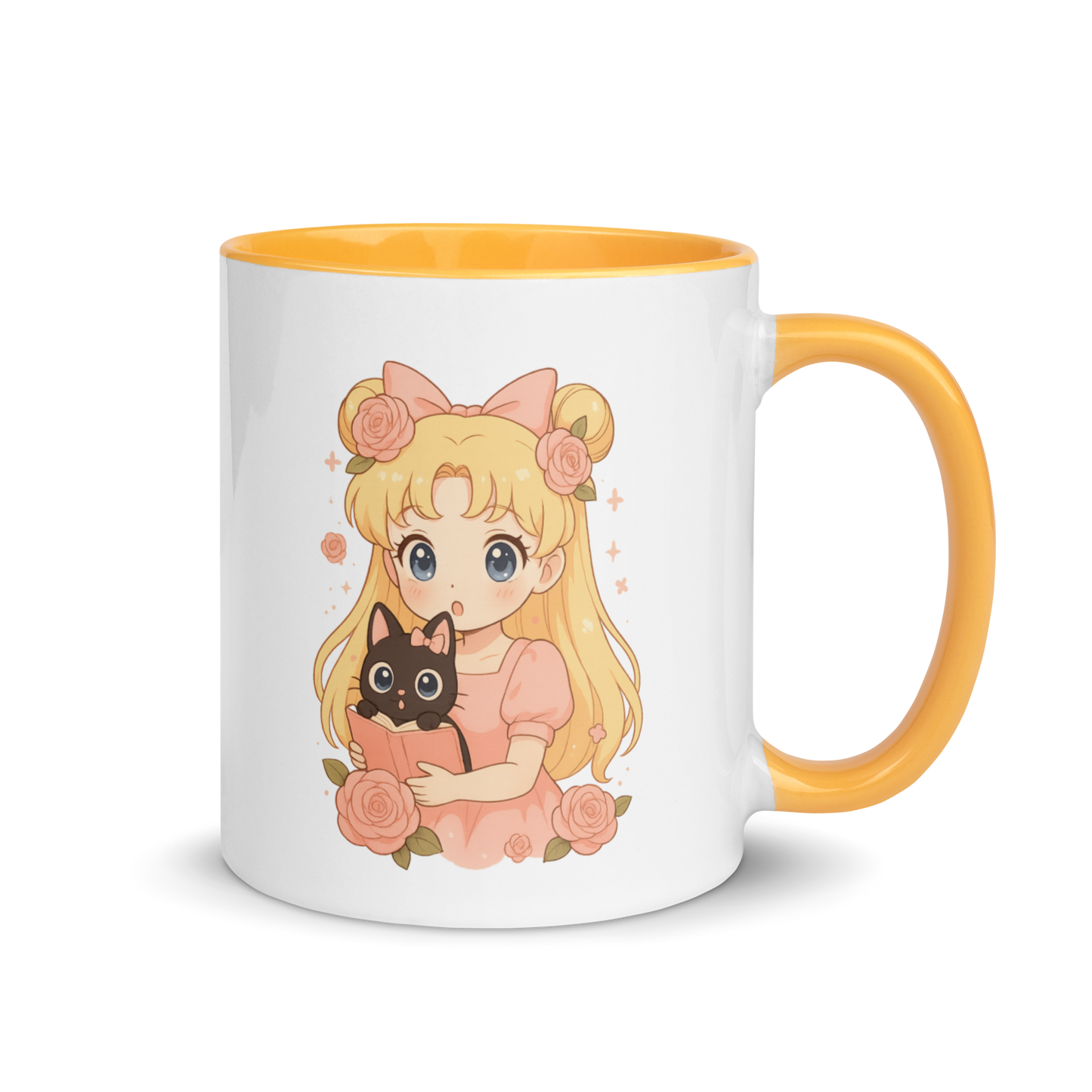 Magical Girl Anime Mug with Cute Black Cat, Pastel Floral Kawaii Coffee Cup, Cozy Manga Art Gift