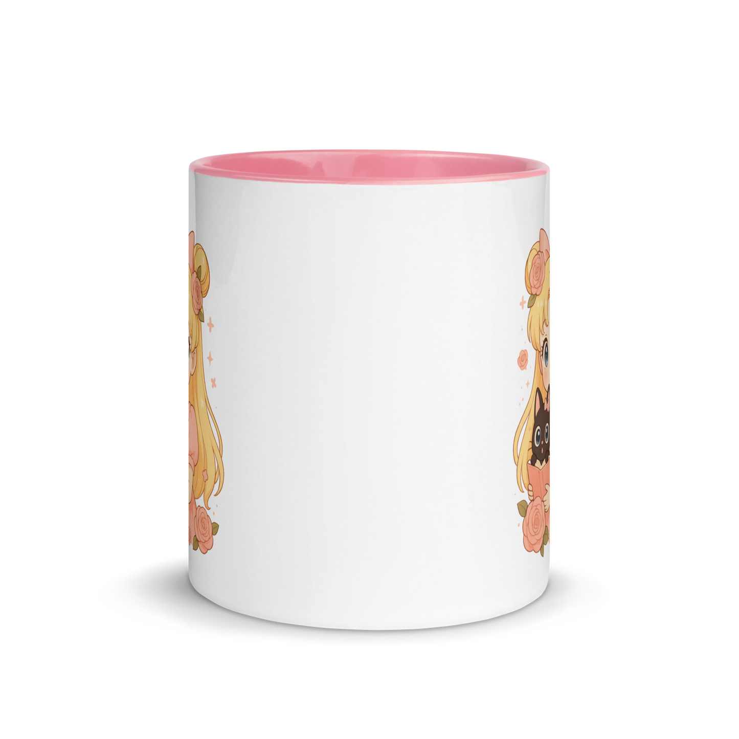 Magical Girl Anime Mug with Cute Black Cat, Pastel Floral Kawaii Coffee Cup, Cozy Manga Art Gift