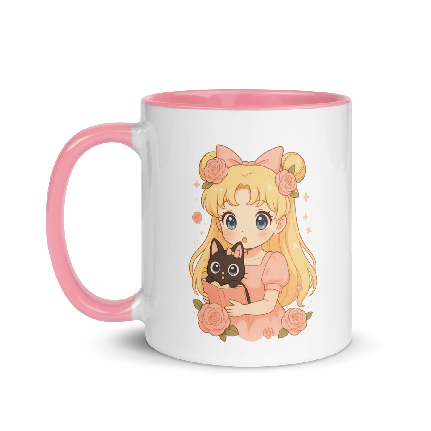 Magical Girl Anime Mug with Cute Black Cat, Pastel Floral Kawaii Coffee Cup, Cozy Manga Art Gift