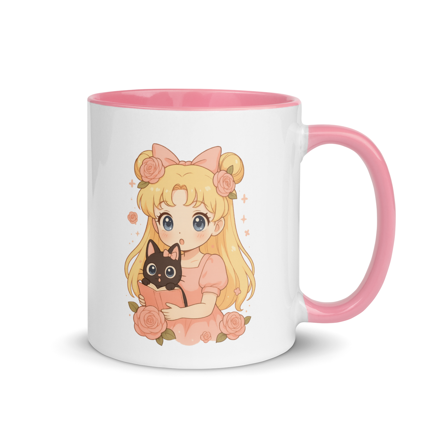 Magical Girl Anime Mug with Cute Black Cat, Pastel Floral Kawaii Coffee Cup, Cozy Manga Art Gift
