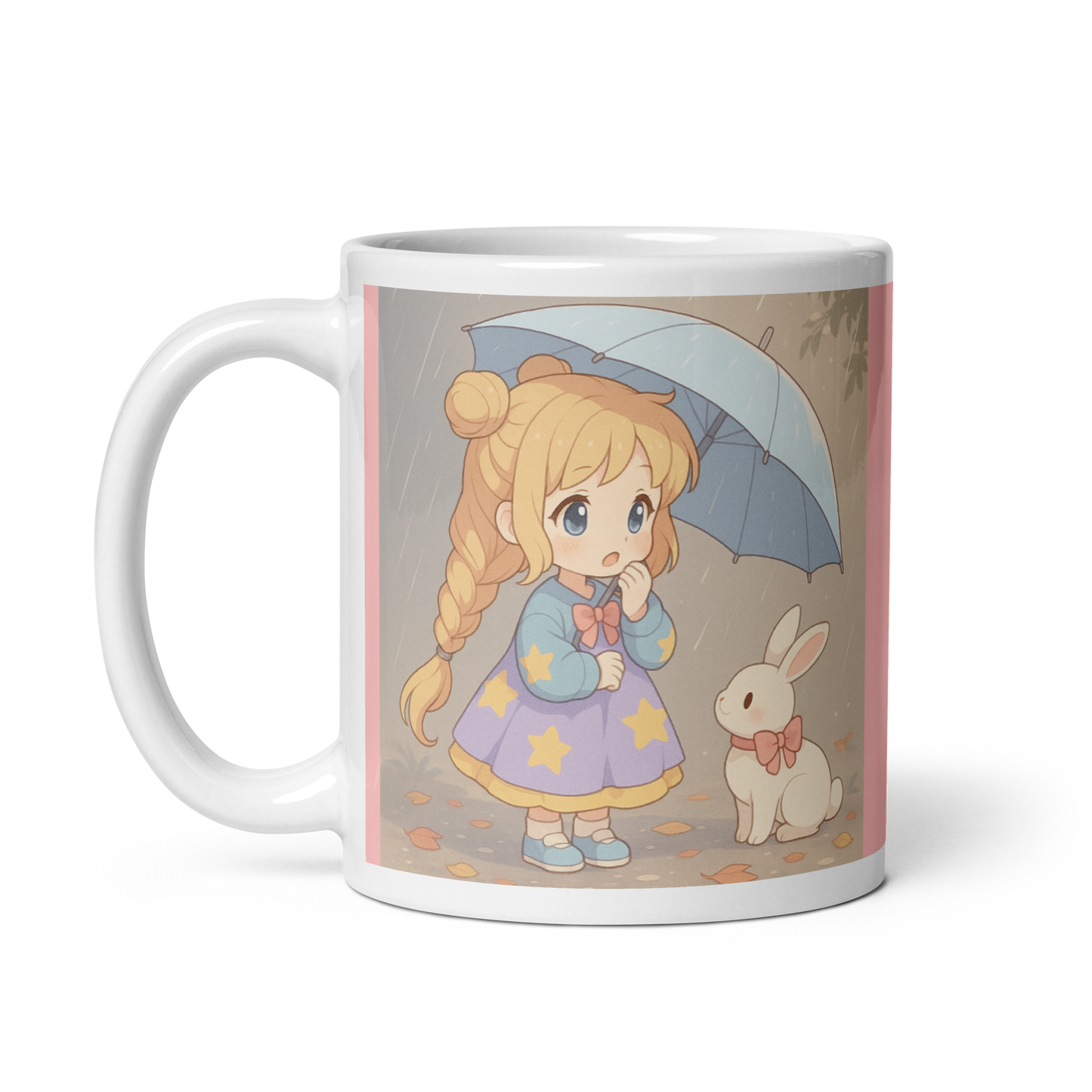 Cute Chibi Girl and Bunny in the Rain – Cozy Autumn Anime Mug – Kawaii Pastel Coffee Cup