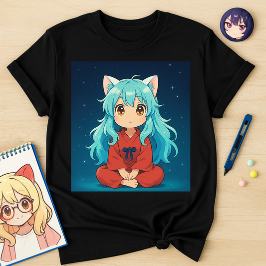 Kawaii Anime Cat Girl T-Shirt, Chibi Blue Hair Kimono Tee, Cute Otaku Graphic Shirt, Japanese Pastel Aesthetic Top, Manga Starry Night Gift