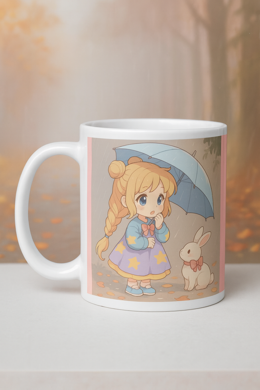 Cute Chibi Girl and Bunny in the Rain – Cozy Autumn Anime Mug – Kawaii Pastel Coffee Cup