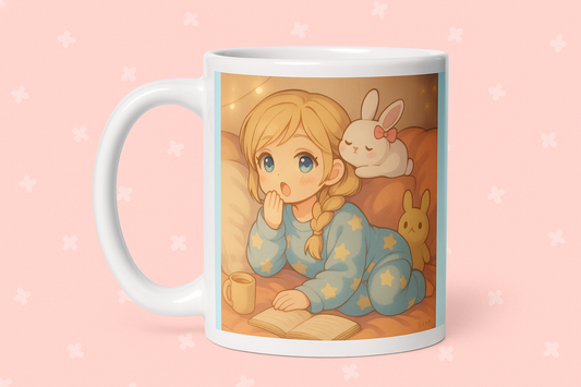 Cozy Anime Mug, Kawaii Pajama Girl Mug, Bunny Book Mug, Fanart Anime Mug, Cute Sleepy Girl Cup, Anime Gift Mug, Anime Ceramic Mug 11oz, Chibi Girl Mug