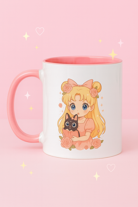 Magical Girl Anime Mug with Cute Black Cat, Pastel Floral Kawaii Coffee Cup, Cozy Manga Art Gift