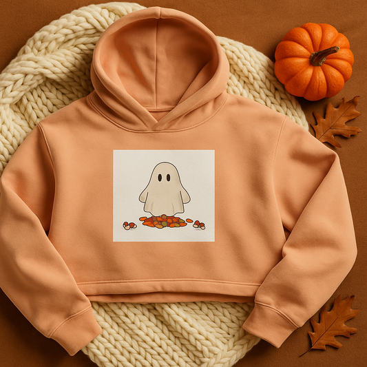 Halloween Ghost Cropped Hoodie, Cute Fall Sweatshirt, Printed Spooky Season Top, Autumn Pumpkin Candy Hoodie, Cozy Halloween Gift for Her
